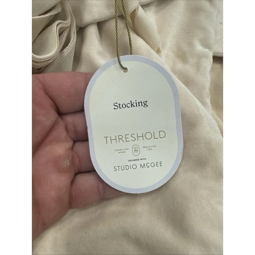 Threshold Studio McGee Christmas Stocking Cream Light Tan Velvet Ribbons Bow NWT
